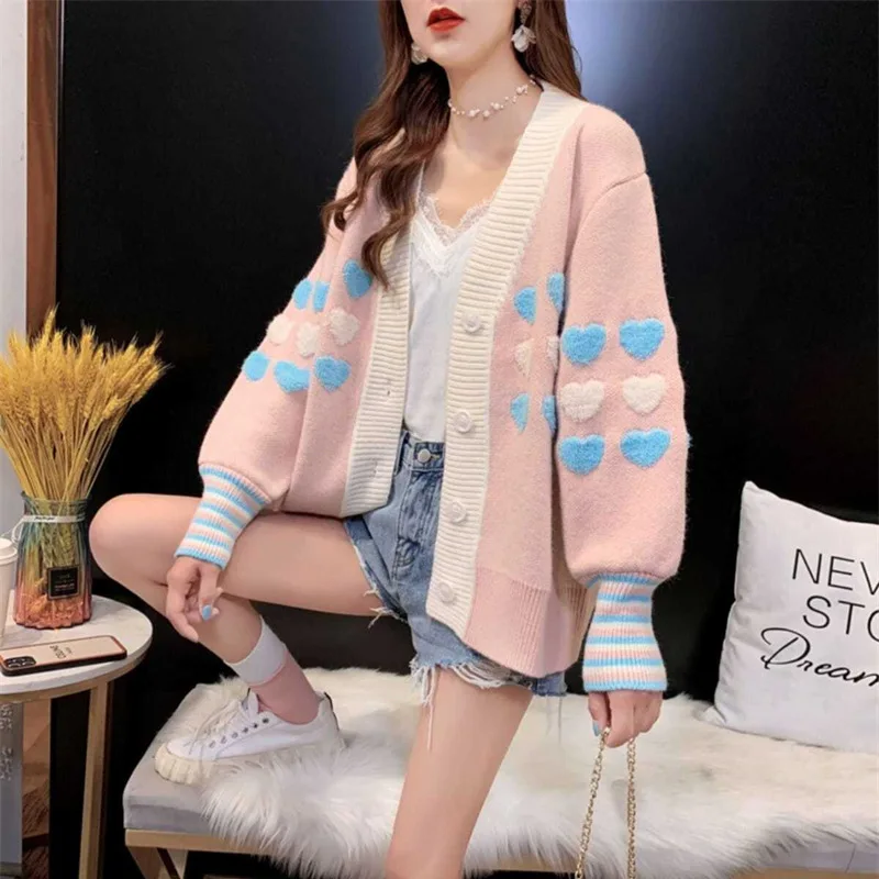 

Женский трикотажный кардиган с V-образным вырезом и длинными рукавами-фонариками