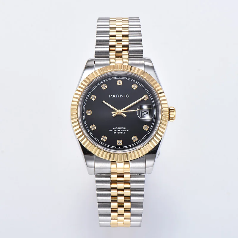 Мужские часы Parnis 39 мм с сапфировым черным циферблатом стеклом и датой Miyota 8215