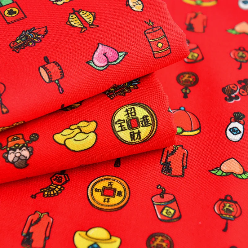 

Half Meter Red Color With New Year Cartoon Print 100% Cotton Fabric For Handmade DIY Back Cushion Red Envelope T1506