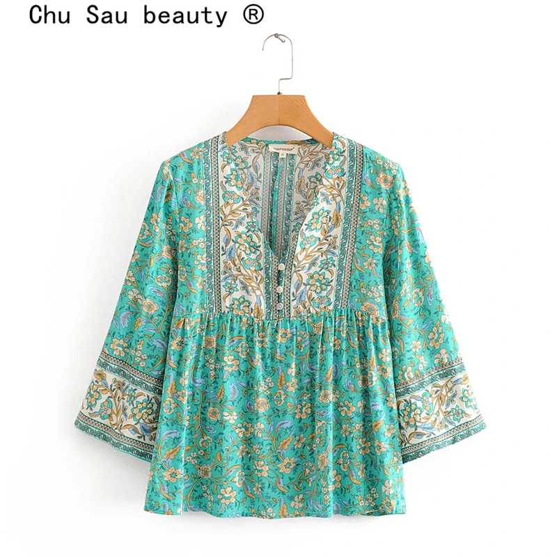 Блузка женская свободного покроя с цветочным принтом V образным вырезом|Блузки| |