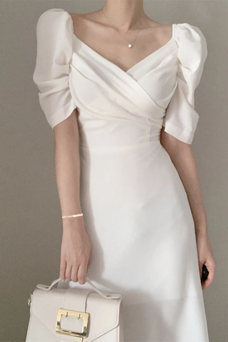 

YAMDI chiffon dresses korean 2020 new a-line solid midi dress women elegant vintage party woman short sleeve summer vestidos