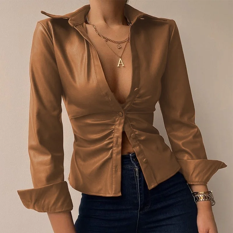 

Fashion Pleated Women PU Leather Shirt Blouse Casual Long Sleeve Office Lady Tops Elegant Polo Lapel Button Cardigan Top Blusas