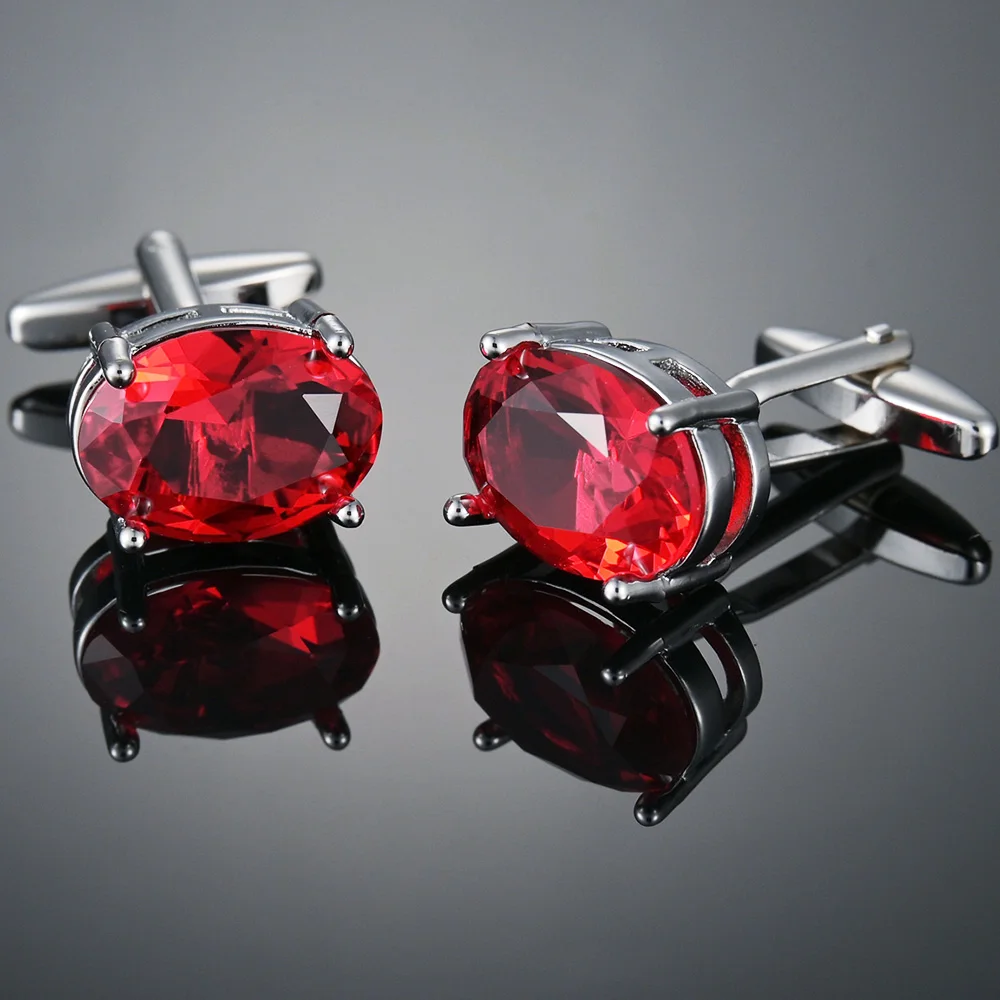

Luxury Oval Shape Big Red Crystal Cufflinks For Mens Business Shirt Jewelry Geometric Cuff Link Buttons Banquet Botoes Punho