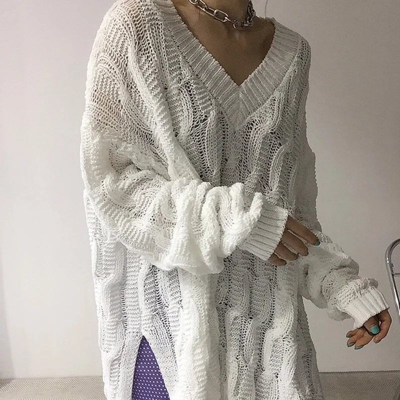

Women Knitted Sweater Spring Autumn 2021 New Hollow V-neck Short Sleeve All-match Long Sleeve Bottoming Elegant Lady Female Tops