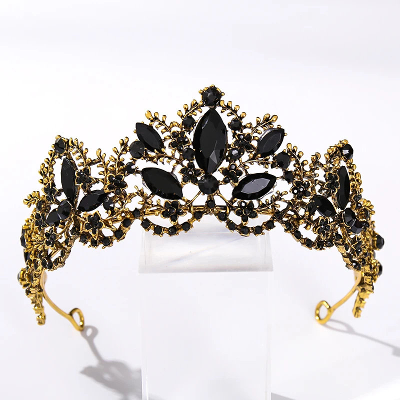 Vintage Baroque Black Color Queen Tiaras Crown Diadem Crystal Rhinestone Bridal Hair Jewelry Headpiece Wedding Hair Accessories images - 6