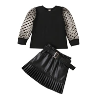 toddler baby girls clothes mesh long sleeve fashion crew neck tops belted leather skirt set