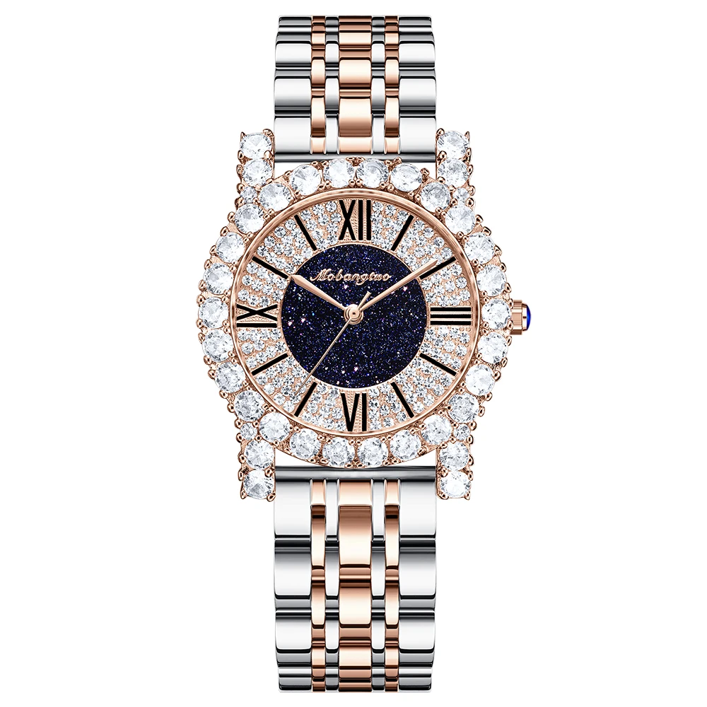 Fashion Women Watches Diamond Edging Female Luxury Stell Strap Watch Quartz Roman Numerals Clock Starry Diamond Dial  - buy with discount