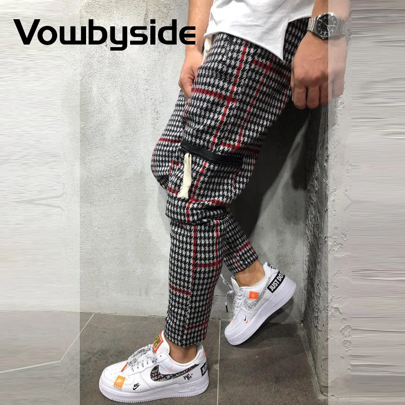 

Chic Plaid Stripes Print Zipper Pocket Design Casual Pants Mens Drawstring Slim Sporty Jogger Pants Streerwear Men Clothing