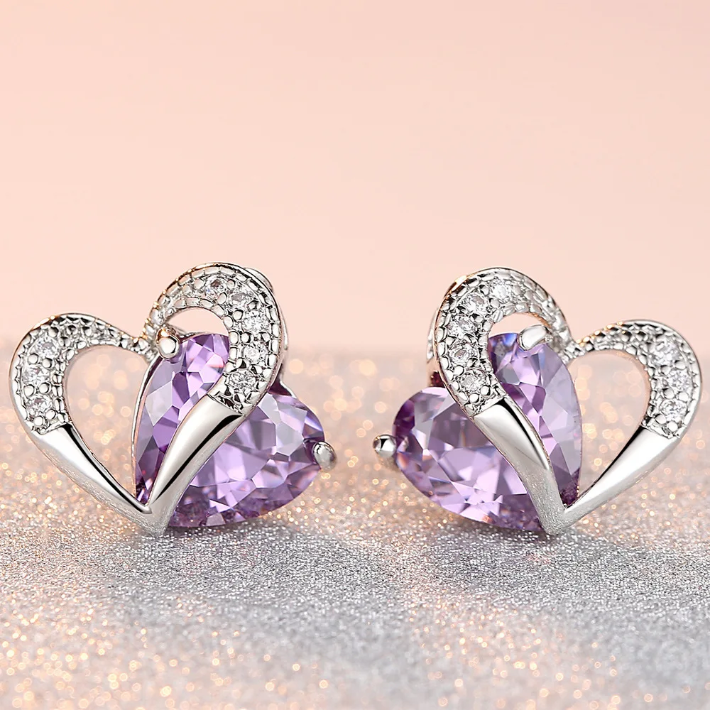 

Heart Stud Earrings For Women High Quality Fashion Jewelry Elegant Amethyst Zircon Wedding Engagement Earrings Girl Gifts