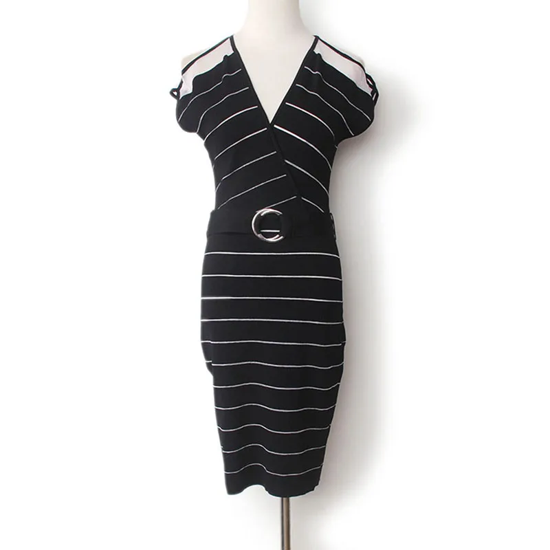 

YUNINYOYO Cross breasted knited dress with oblique stripes shoulder see through and perspective slim dress with waistband