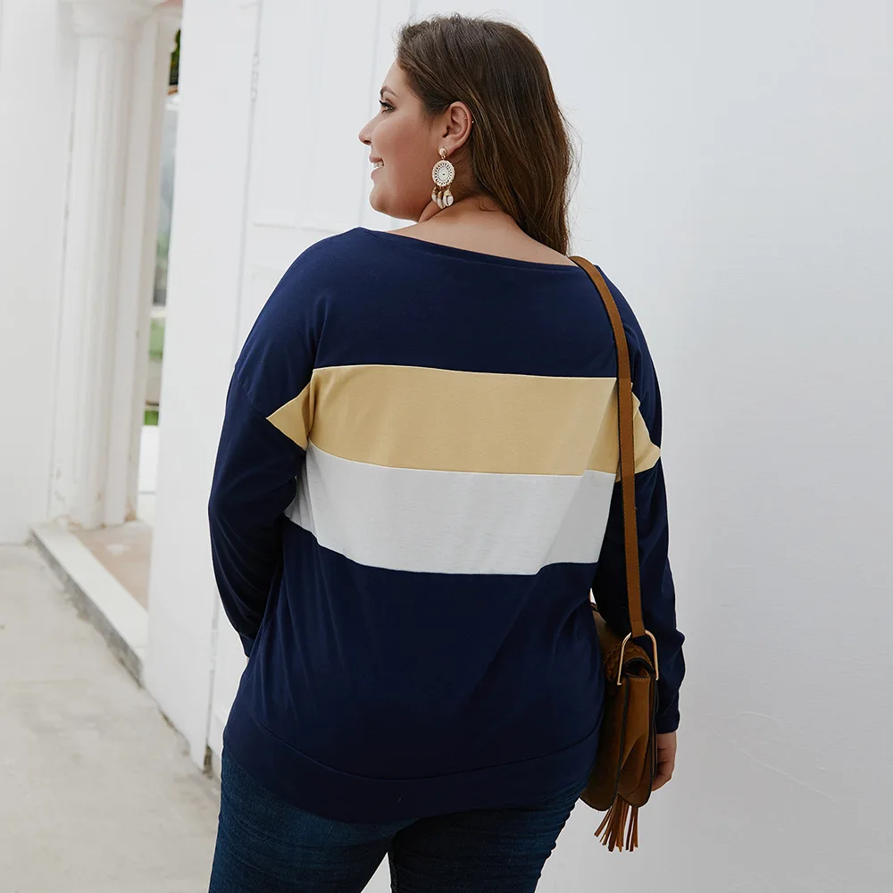 

Women Patchwork O Neck Long Sleeves Thick Sweatshirt Plus Size Autumn Winter Keep Warm Outwear Tops Large Size Color Collision