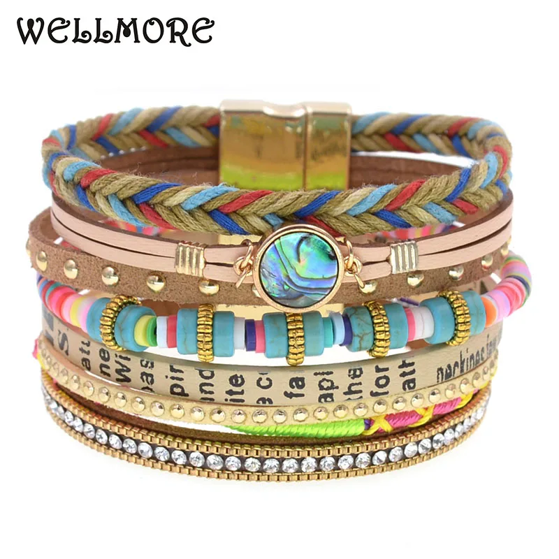 

WELLMORE colorful bohemia bracelets for women stone leather bracelet multilayer charm Bracelets & Bangles Female fashion Jewelry