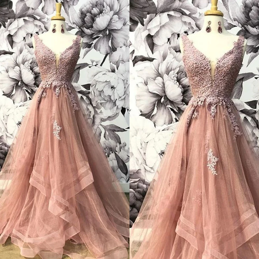 

pink prom dresses 2020 deep v neck lace appliques plears ruffle tulle ball gown formal dresses evening dresses long
