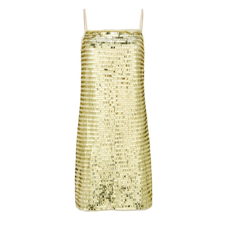 

[EAM] Women Gold Color Sexy Sequins Spaghetti Strap Dress New Sleeveless Loose Fit Fashion Tide Spring Summer 2021 1U690