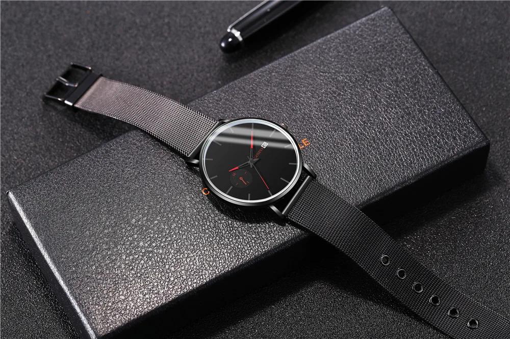 Модные мужские часы с тонким сетчатым ремешком минималистичные наручные для