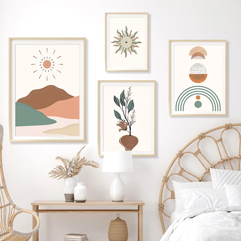 

Mountain Sun Moon Leaf Abstract Geometric Wall Art Canvas Painting Nordic Posters And Prints Wall Pictures For Living Room Decor