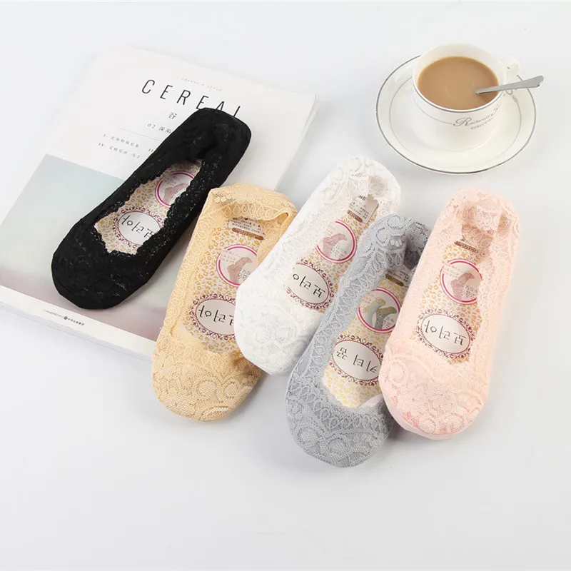 

5 Pairs Classic Women Socks Girls Spring Summer Socks Style Lace Flower Short Sock Antiskid Invisible Ankle Socks Sox Boat Socks