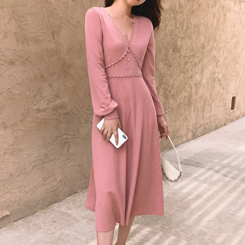 Женское кружевное платье с v-образным вырезом однотонное длинное Повседневное