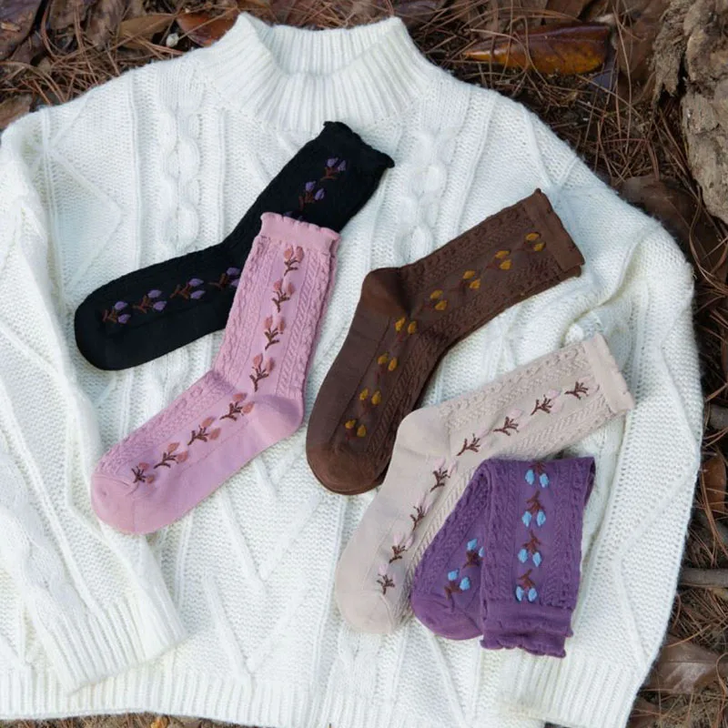 5 Pairs Women Socks  Set Autumn Winter Retro Pure Cotton Ruffle Breathable Cute Socks Floral Japanese Jacquard Middle Tube Hyuna