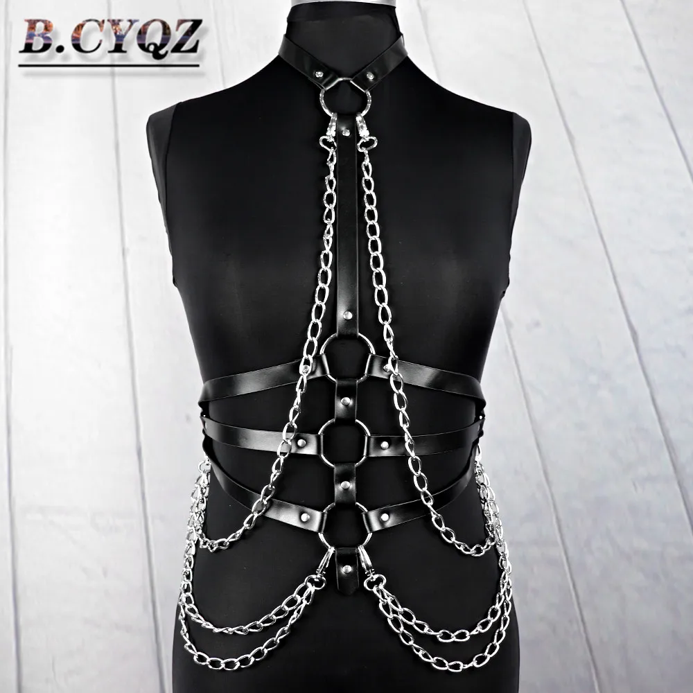 

B.CYQZ Leather Harness Women Sexy Body Chain Belt Lingerie Bondage Cage Garter Gothic Suspender Harness Chain Waist Cage Punk