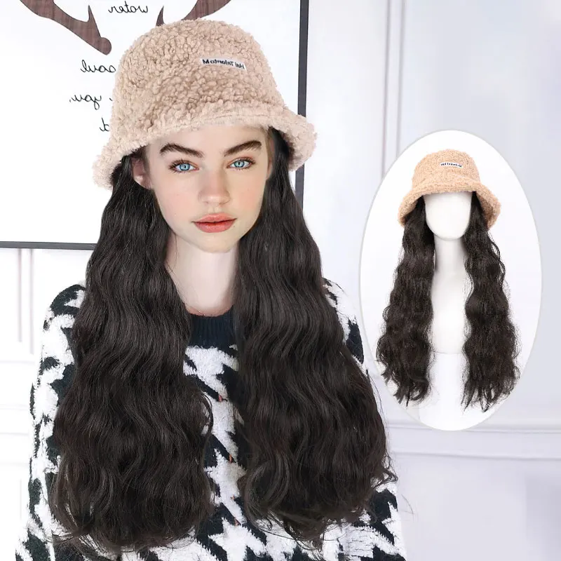 Hat With Hair Wigs Synthetic Long Wavy Natural Black Brown Color Integrate Cap Hair Extensions For Women