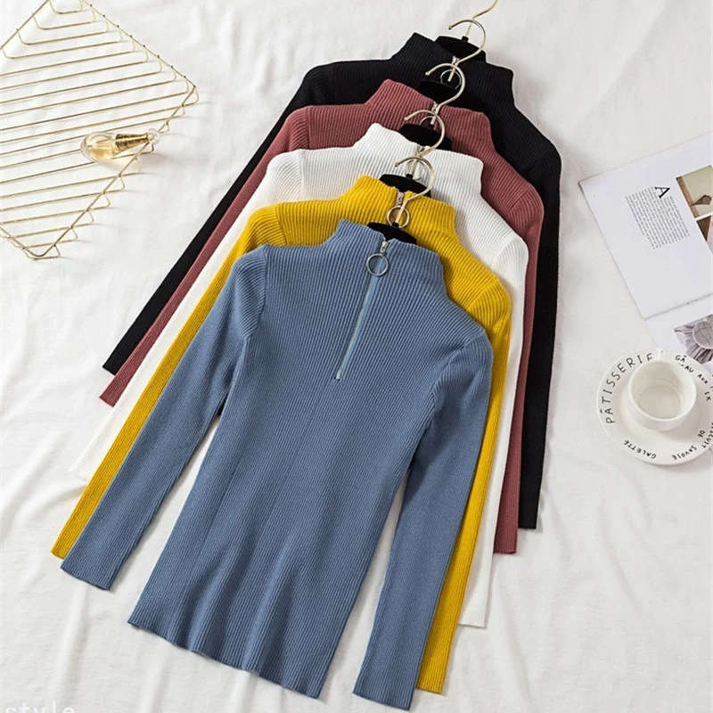 New Casual Zipper Sweater Women Turtleneck Solid Spring Autumn Female Knitted Pullovers long Sleeve Soft Jumper Top 1473 | Женская