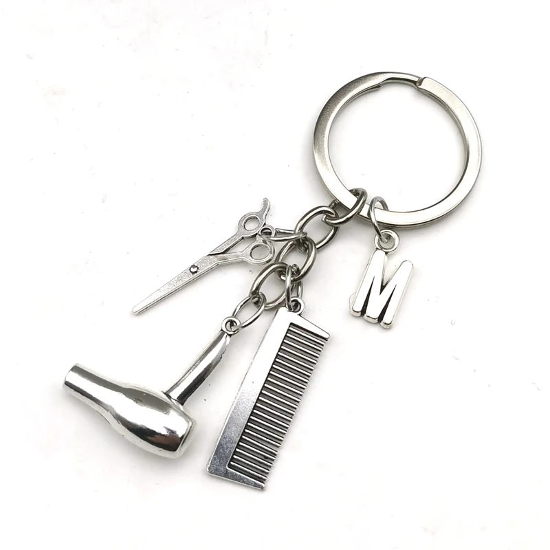 

2020 Hair stylist essential hair dryer scissors comb Decorative Keychains Hairdressers Gift Key Rings Hair Dryer letter Keyring