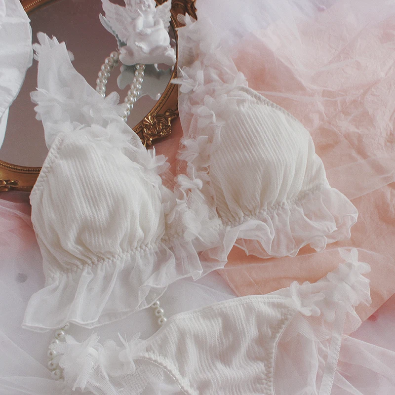 New Dream Flower Marriage Bride Women's Japanese Lace Bra & Panties Set Girl Student No Steel Ring Pure White Girl Bra Set