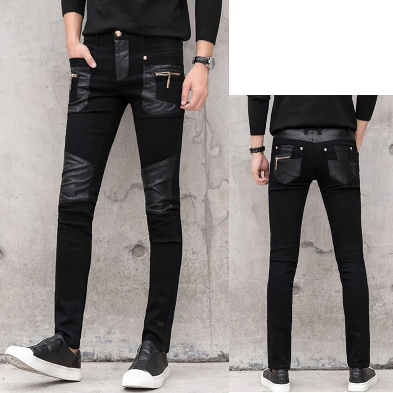 Мужские брюки из искусственной кожи модные обтягивающие джинсы на молнии