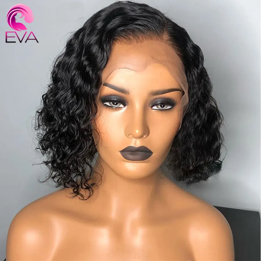 Короткие волосы Eva Bob Glueless 13x6, парики с кружевом спереди, предварительно сорванные с волосами младенца, бразильские волосы Remy, кудрявые человеческие волосы, парики для черных женщин