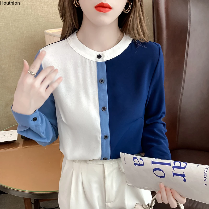 

Chiffon Loose Women's Shirts New Fashion Blouses Splicing O-neck Shirts Autumn Casual Long Sleeve Blusas Houthion