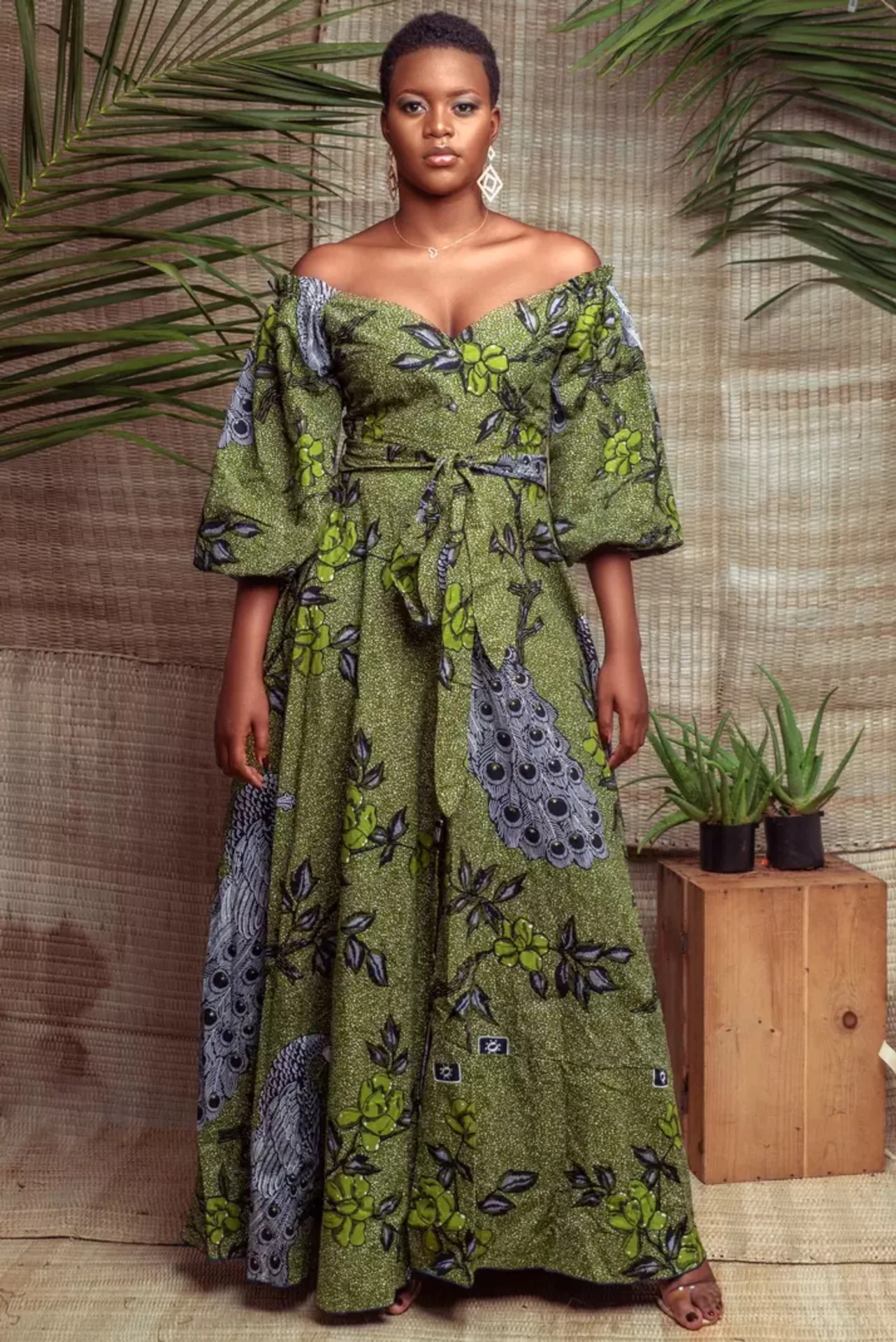 

Sexy One-Neck Long Dress African Plus Size Women's Seven-Point Lantern Sleeve + Belt Fashion Digital Printing Casual Dress 2021