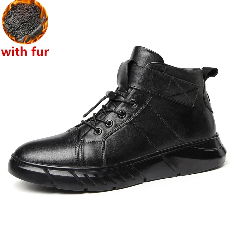 black fur Ботинки мужские кроссовки из натуральной кожи модные зимние плюшевые теплые ботинки мужская обувь на шнуровке мужские ботильоны большой размер 48 4 - Цвет: black fur