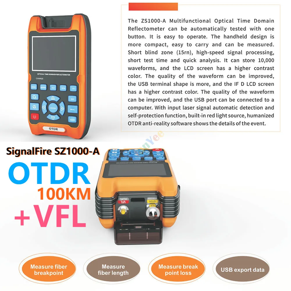 SignalFire ZS1000-A OTDR 100 км + VFL 5 Оптический временной рефлектометр 1 мВт 32 дБ/30 дБ 1310 мм/1550