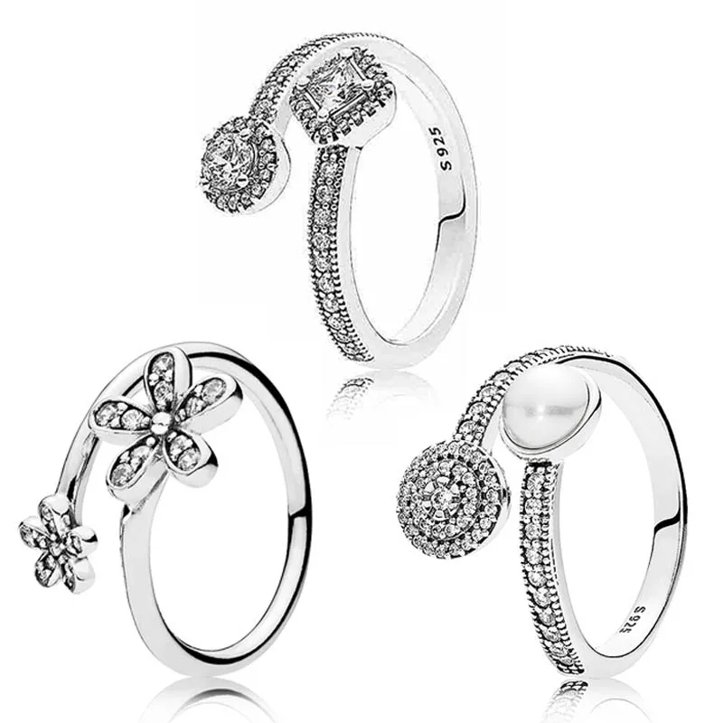 

Open Dazzling Daisies Pearl Radiant Glow Abstract Elegance With Crystal Ring Fit 925 Sterling Silver Ring Europe DIY Jewelry