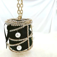luxury ladies crystal bucket mini bags messenger handbags with pearl bling rhinestone cage ladies purse evening clutch