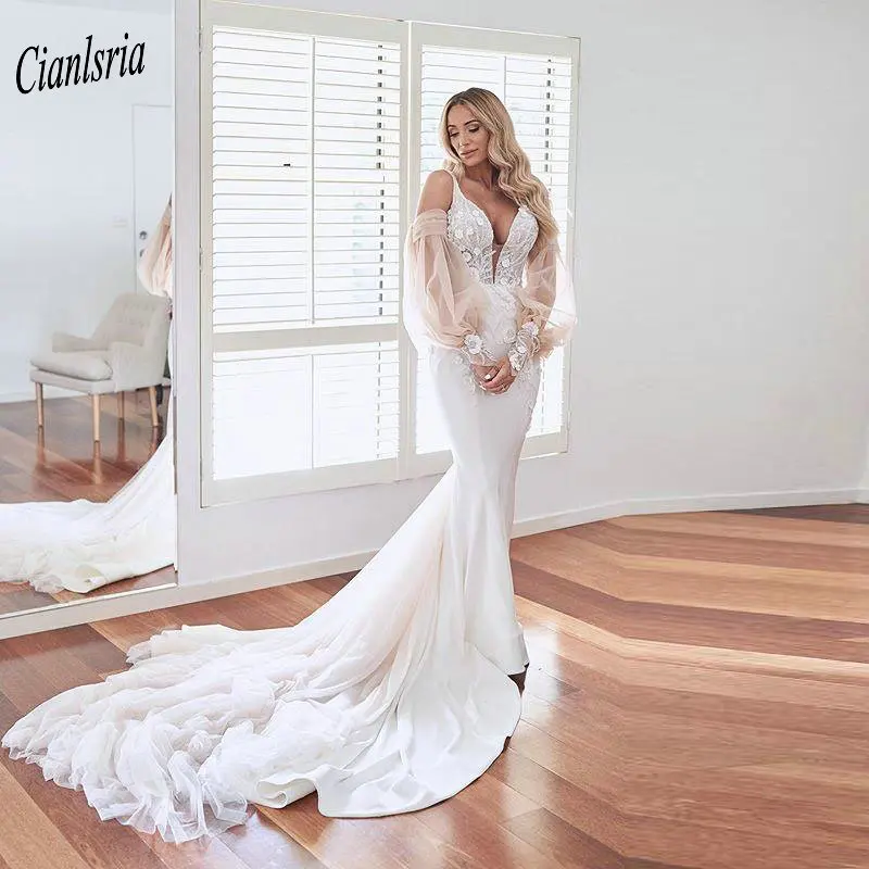 

Sexy Deep V-Neck Spaghetti Straps Long Mermaid Wedding Dress Appliques Lace Backless Bridal Wedding Dresses vestido de novia