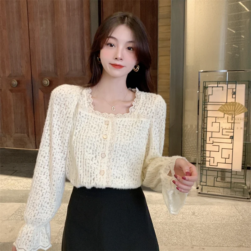 

Lace Long Sleeved Plus Size Korean Autumn Elegant Fashion Blouses And Tops Women'S Oversize Shirt Clothing 2021 Female Vintage