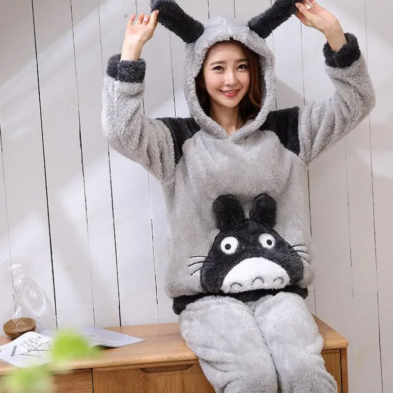 

Seeslim Cartoon Totoro Pajamas For Women Hooded Sleepwear Plush Coral Fleece Sleepwear Winter Thicken Pijama Two Piece Set 2021