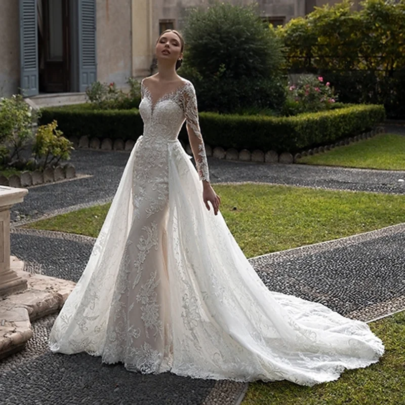 

Elegant Ivory Mermaid Appliques Wedding Dresses A-Line Illusion Scoop Neckline Lace Bridal Gowns with Detachable Train Customize