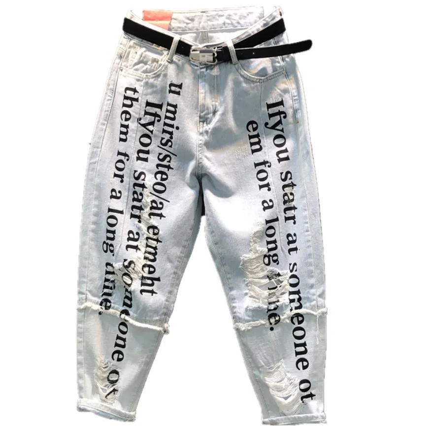 Женские летние джинсы с дырками новые модные свободные шаровары до щиколотки