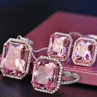 top quality 925 silver jewelry sets pink quartz cubic zircon ring earrings pendant necklace jewelry set wholesale fine jewelry