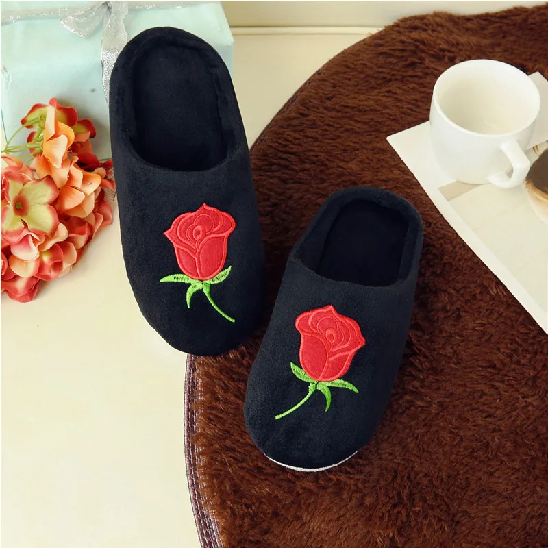 

New rose embroidered soft bottom cotton Women slippers Home interior non-slip Warm slippers Unisex Bedroom Silent slippers