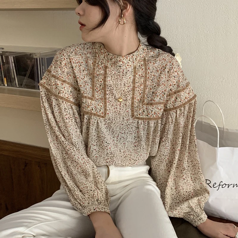 

Korean chic retro floral stitching contrast loose lantern sleeve doll shirt blouse women Streetwear Corduroy Print blusas