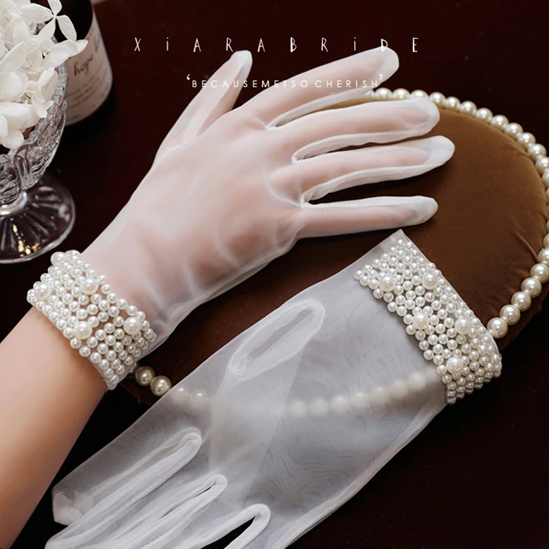 Women Short Bridal Gloves Wrist Length Handmade Sewing Pearl Beaded Wedding Accessories | Свадьбы и торжества