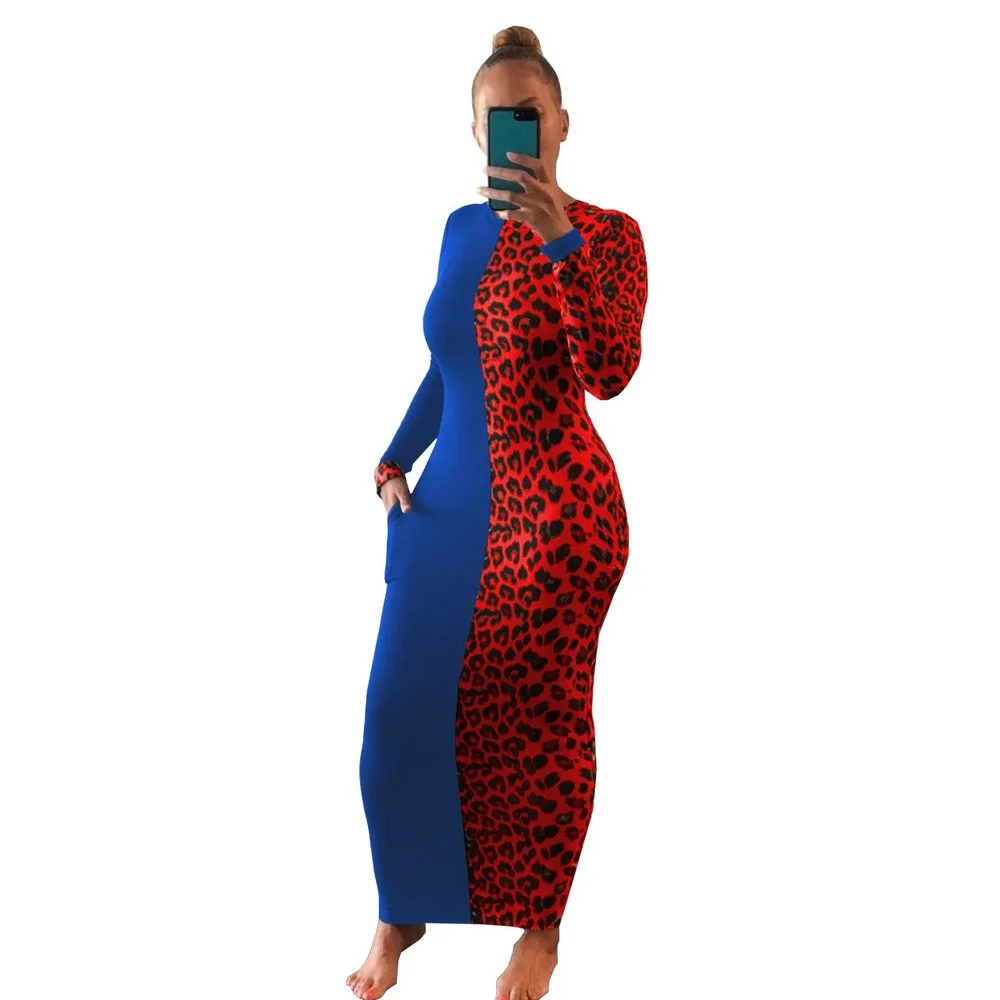 

Patchwork Leopard Long Dress Women Sexy Bodycon Long Sleeve Dresses Autumn Spring Birthday Sundress Women Boho Long Maxi Dress