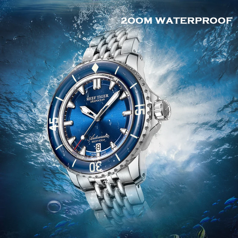 Мужские Роскошные автоматические механические наручные часы Reef Tiger 200 м
