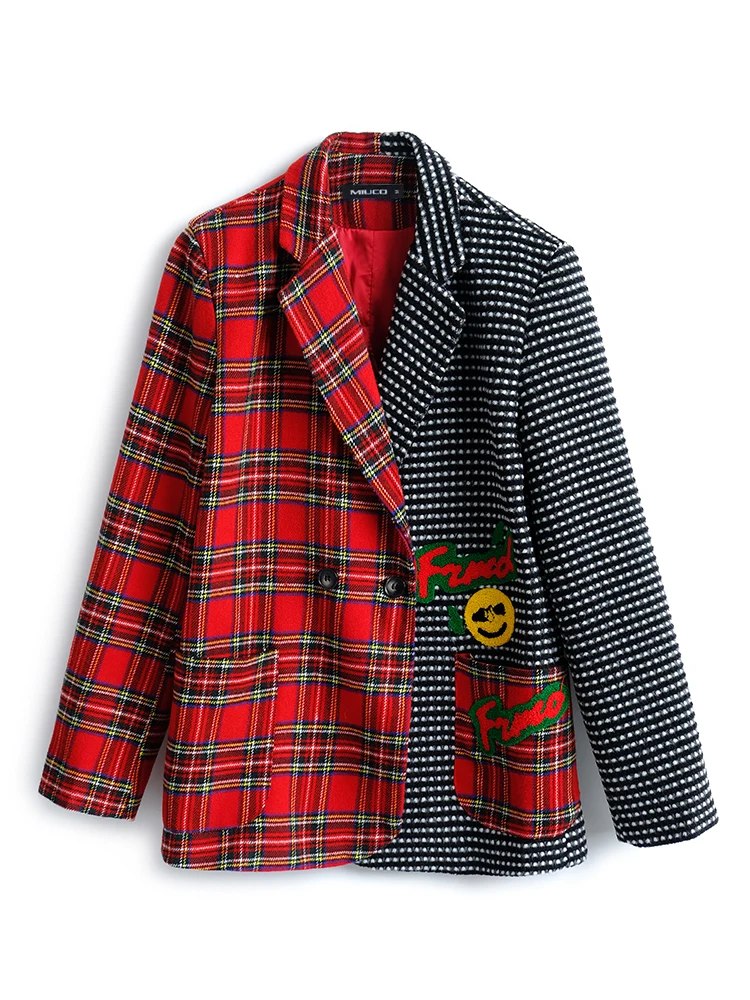 

2021 spring and autumn new fashion symmetrical heterogeneous stitching plaid polka dot patch pocket women's suit jacket