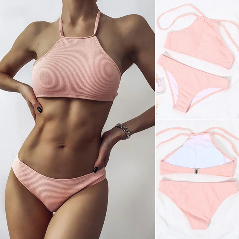 

Bikini Set Swimsuits Ribbed Swimwear Women Solid Pink Biquini Beachwear Sexy Strap Bikinis Bathing Suits