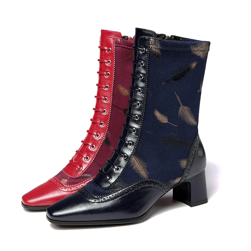 

Johnature Ankle Women Boots Print Zip Genuine Leather 2021 New Shoes Winter Patchwork Sewing Handmade Leisure Platform Boots